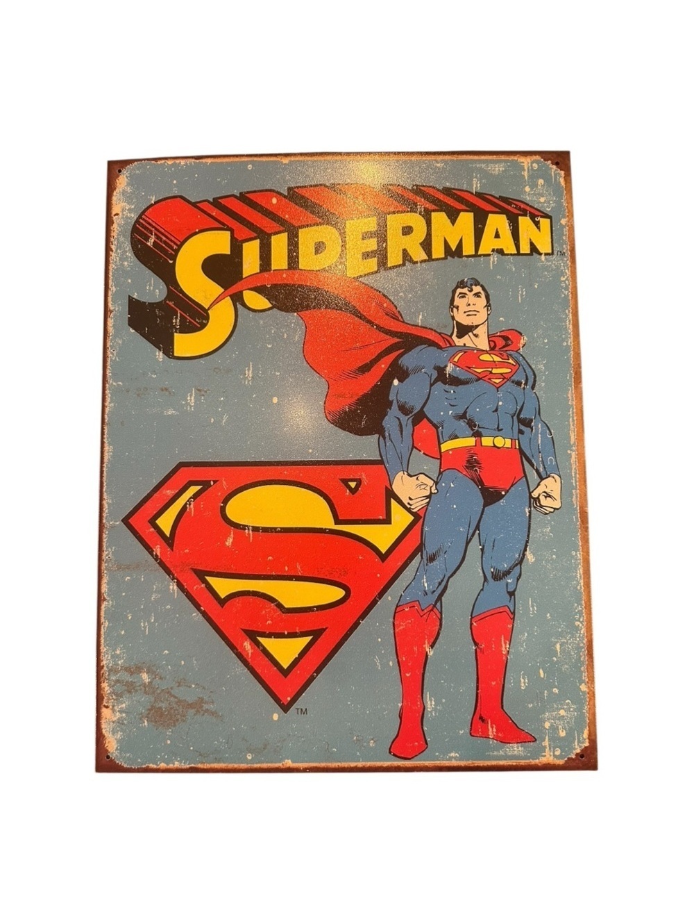 Superman Vintage Metal Sign Red Blue Art & Decals Size 16” x 12.5”